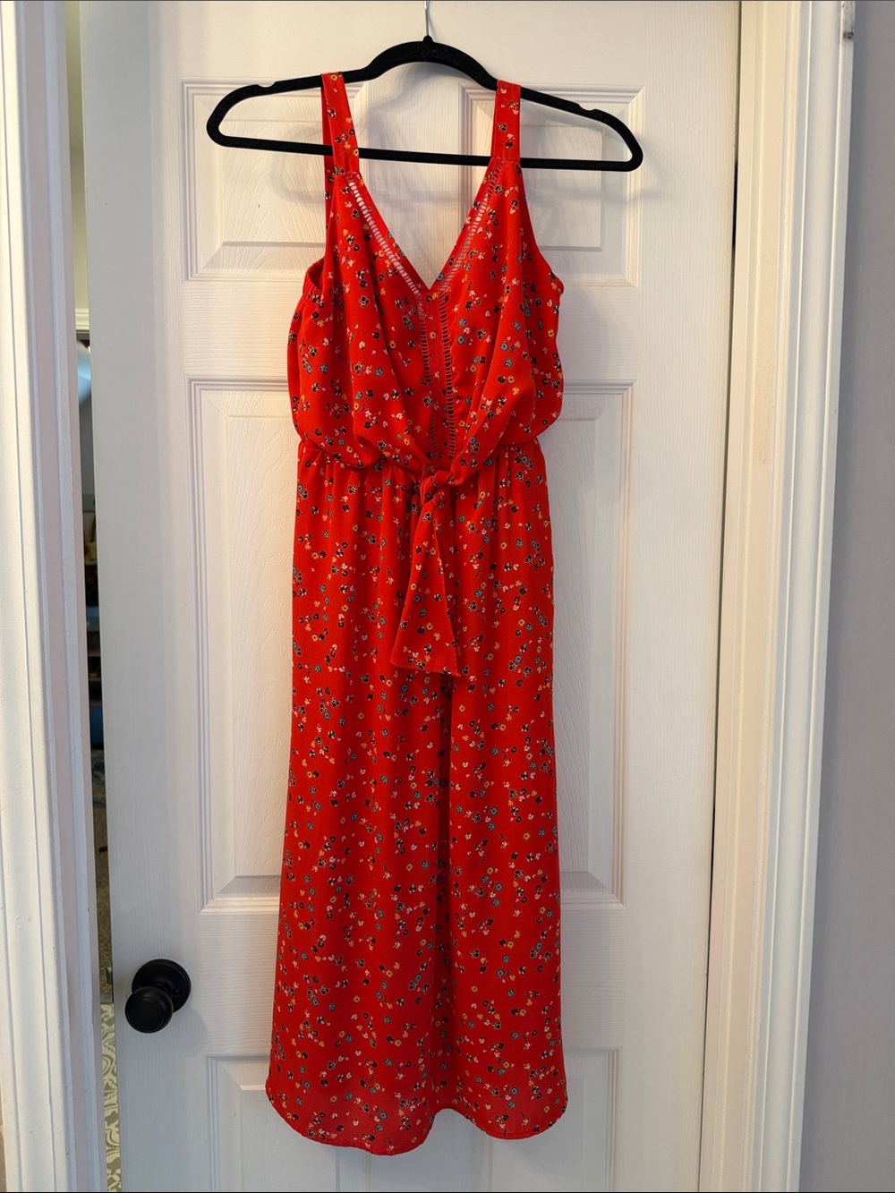 Sienna Sky Red Floral Midi Dress with Tie Waist